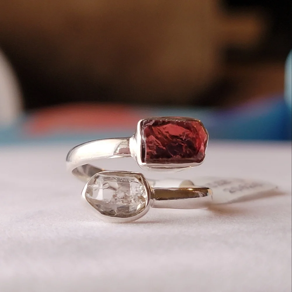 Garnet with Herkimer Diamond Sterling Silver Bypass Gemstone Ring